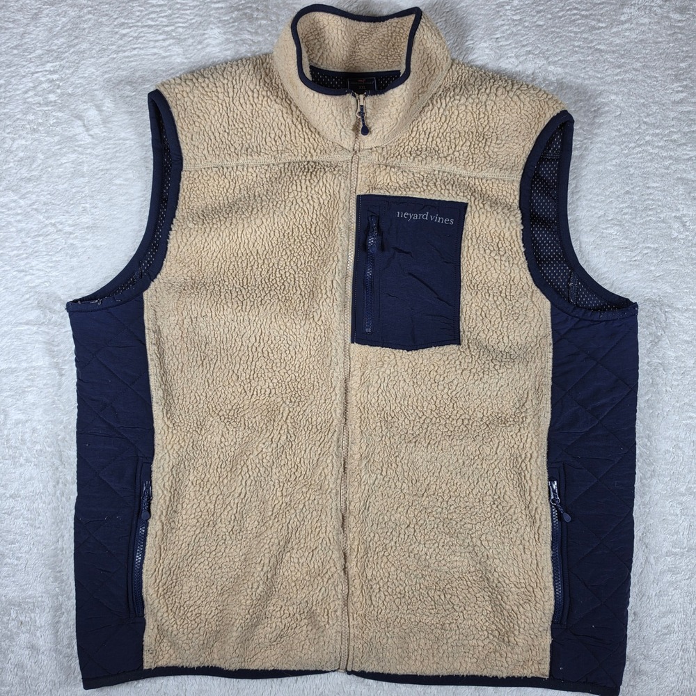 Vineyard Vines 100179 Mens XXL Beige Sherpa Fleece Quilted Side Panel Zip Vest